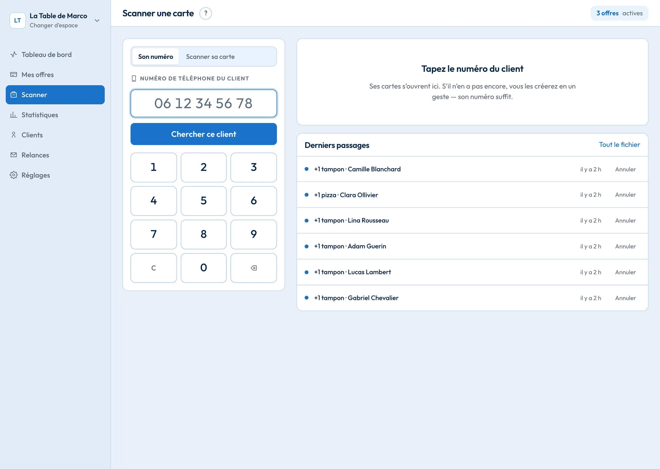 L’écran de scan : un pavé numérique pour taper le numéro du client, et la liste des derniers passages comptés avec la possibilité d’annuler.